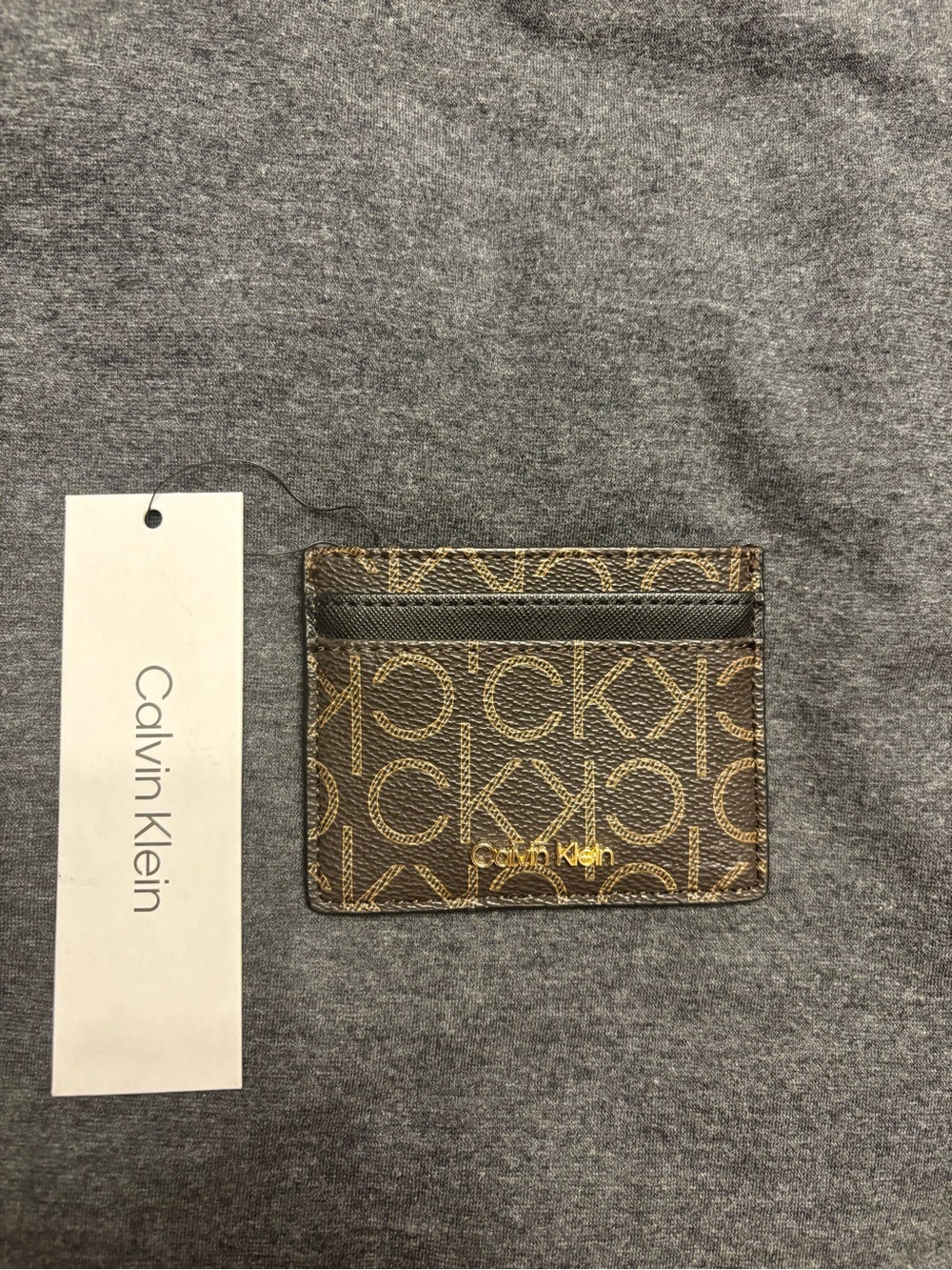 Calvin Klein Brown Monogram Slim Card Holder with Gold Logo
